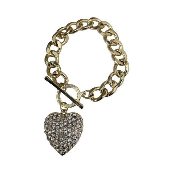 Gold Icy Crystal Heart Bracelet 8" Curb Chain Toggle Valentines Day Lovecore - Picture 6 of 11